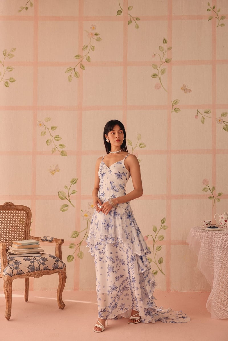 White and Blue Floral Ruffle Maxi Dress