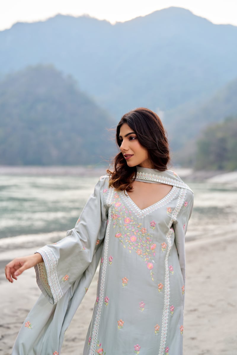 Grey Cotton Embroidered Straight Kurta Set with Dupatta