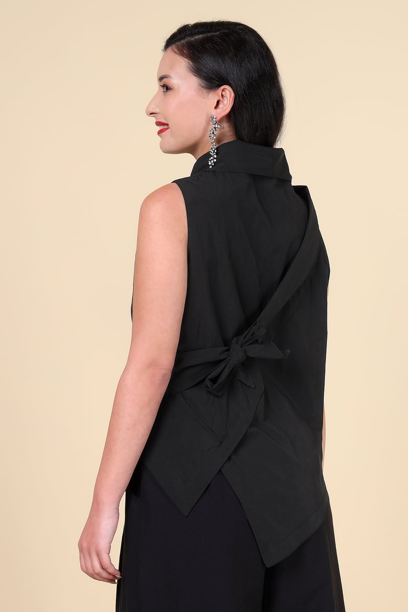 Black High Neck Sleeveless Wrap Top with Tie Waist
