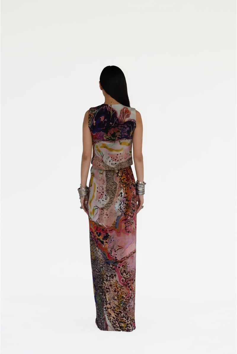 Rose Pink Printed Blouse and Draped Maxi Skirt Co-ord Set