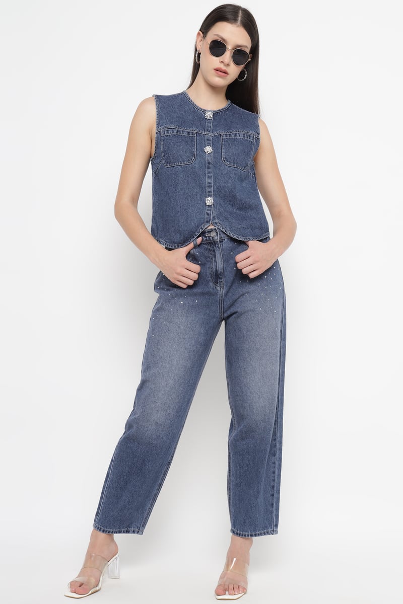 Ultramarine Rhinestone-Embellished Relaxed-Fit Jeans