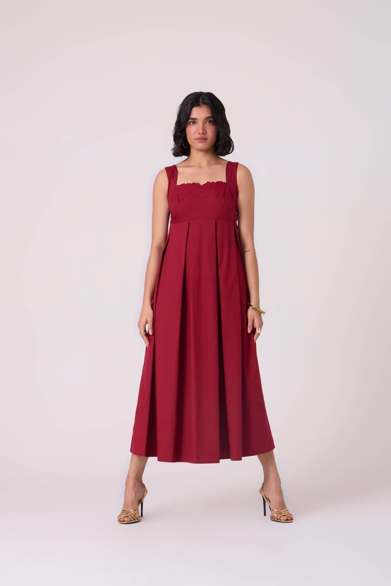 Wine Red Embroidered Neckline Fit and Flare Midi Dress