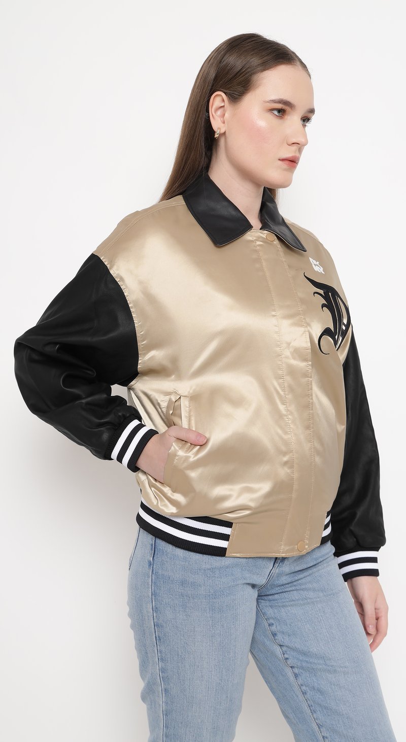 Beige and Black Colorblock Varsity Bomber Jacket