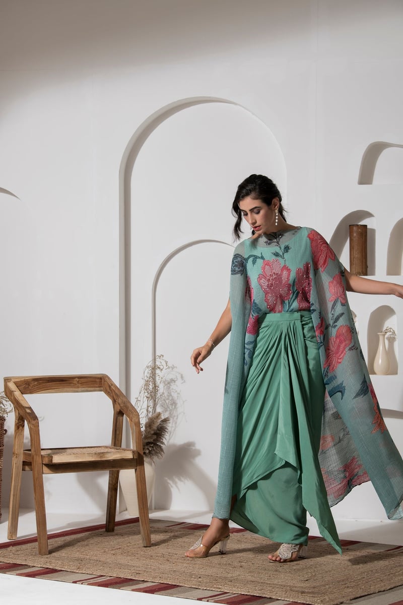 Dusty Jade Green Floral Kaftan and Dhoti Co-ord Set