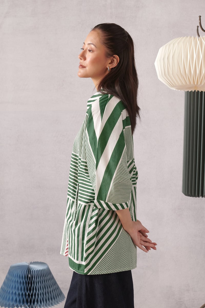 Green and White Striped Relaxed Cotton Shirt