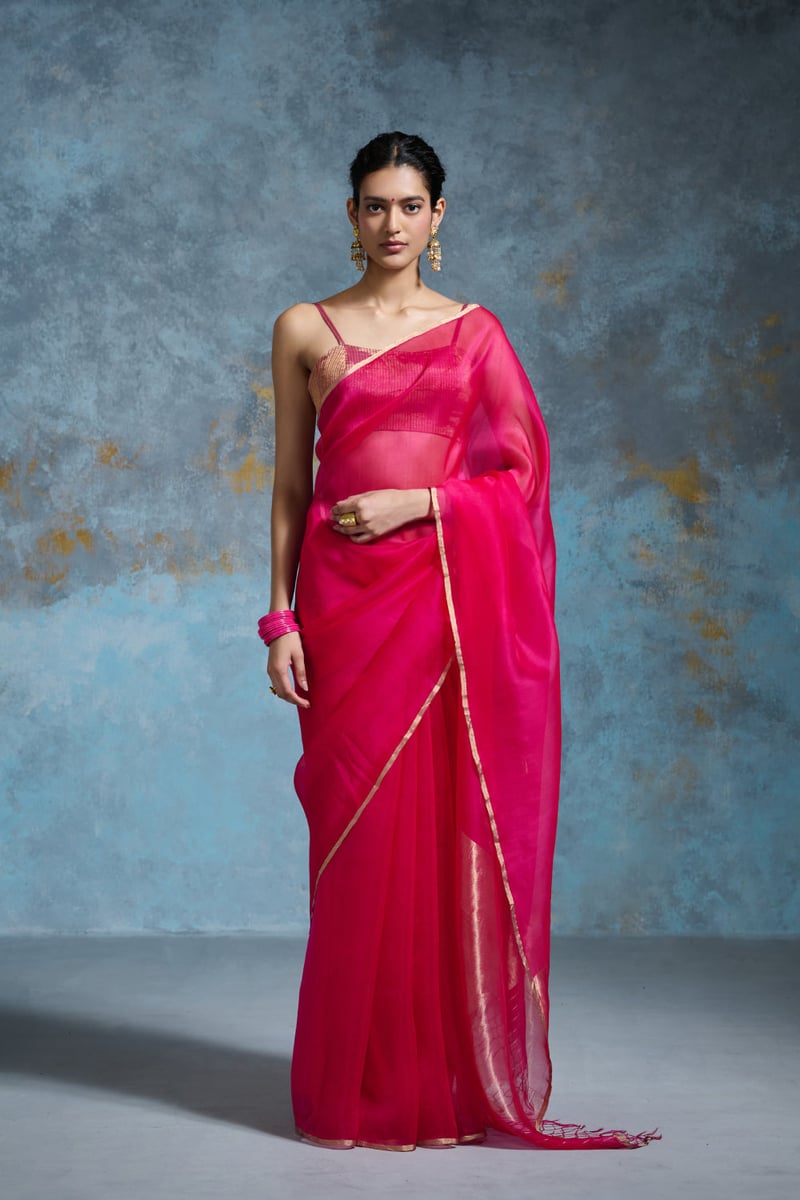 Hot Pink Organza Saree with Zari Border — Dressfolk