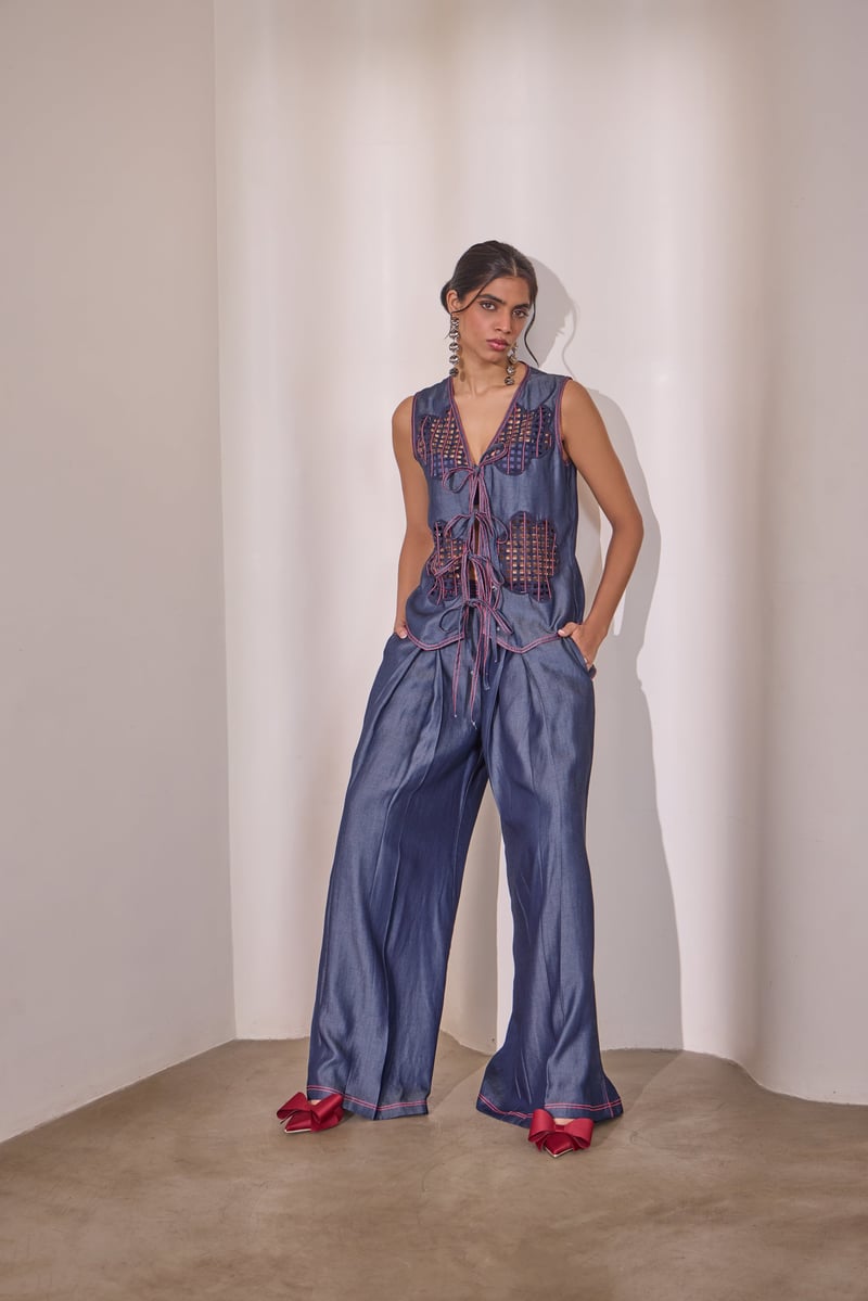 Indigo Tencel Denim High-Rise Flared Trousers
