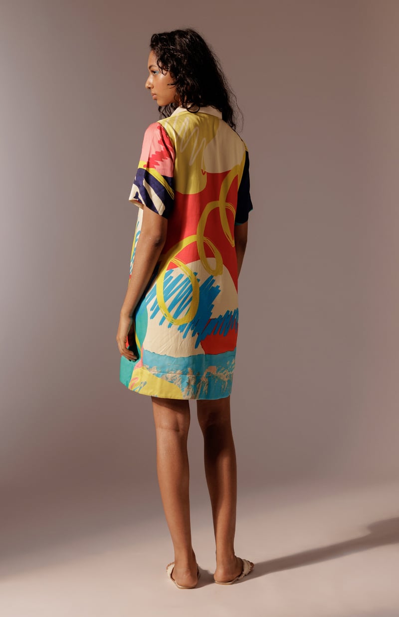 Multicolour Abstract Print Satin Shift Mini Dress