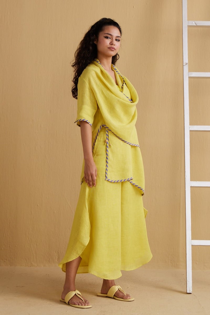 Yellow Gauze Linen Cape with Contrast Border