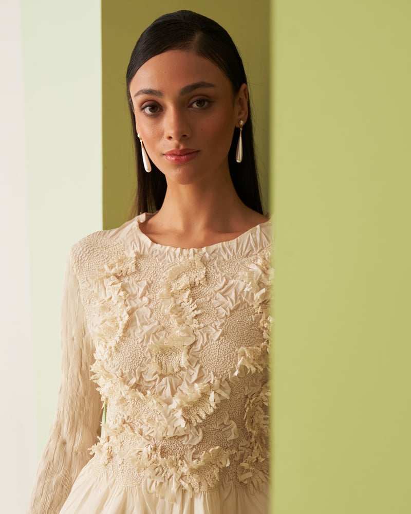 Ivory Textured Top and Pleated Midi Skirt Co-ord Set