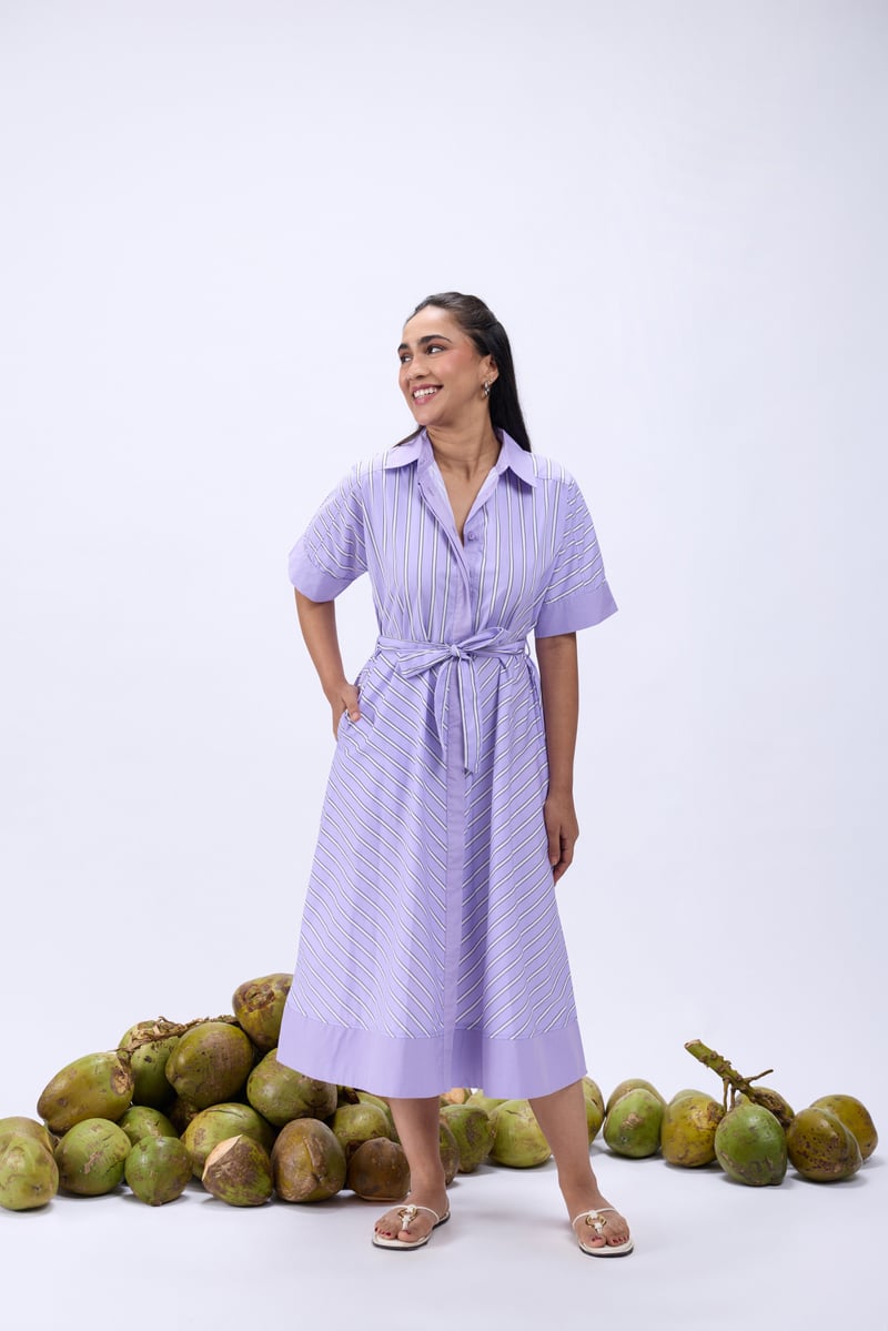 Lavender Striped Cotton Poplin Belted Midi Shirt Dress — Label Ruiaan