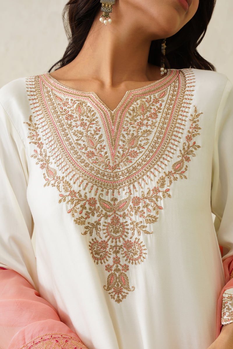 Cream Embroidered Kurta Set with Peach Organza Dupatta