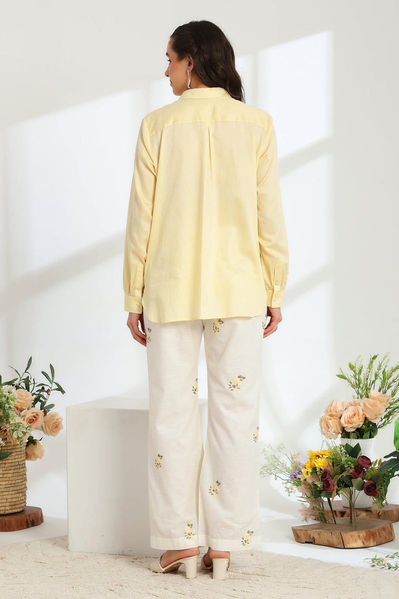 Butter Bloom Yellow Hand Embroidered French Lace Linen Cotton Co-Ord Set