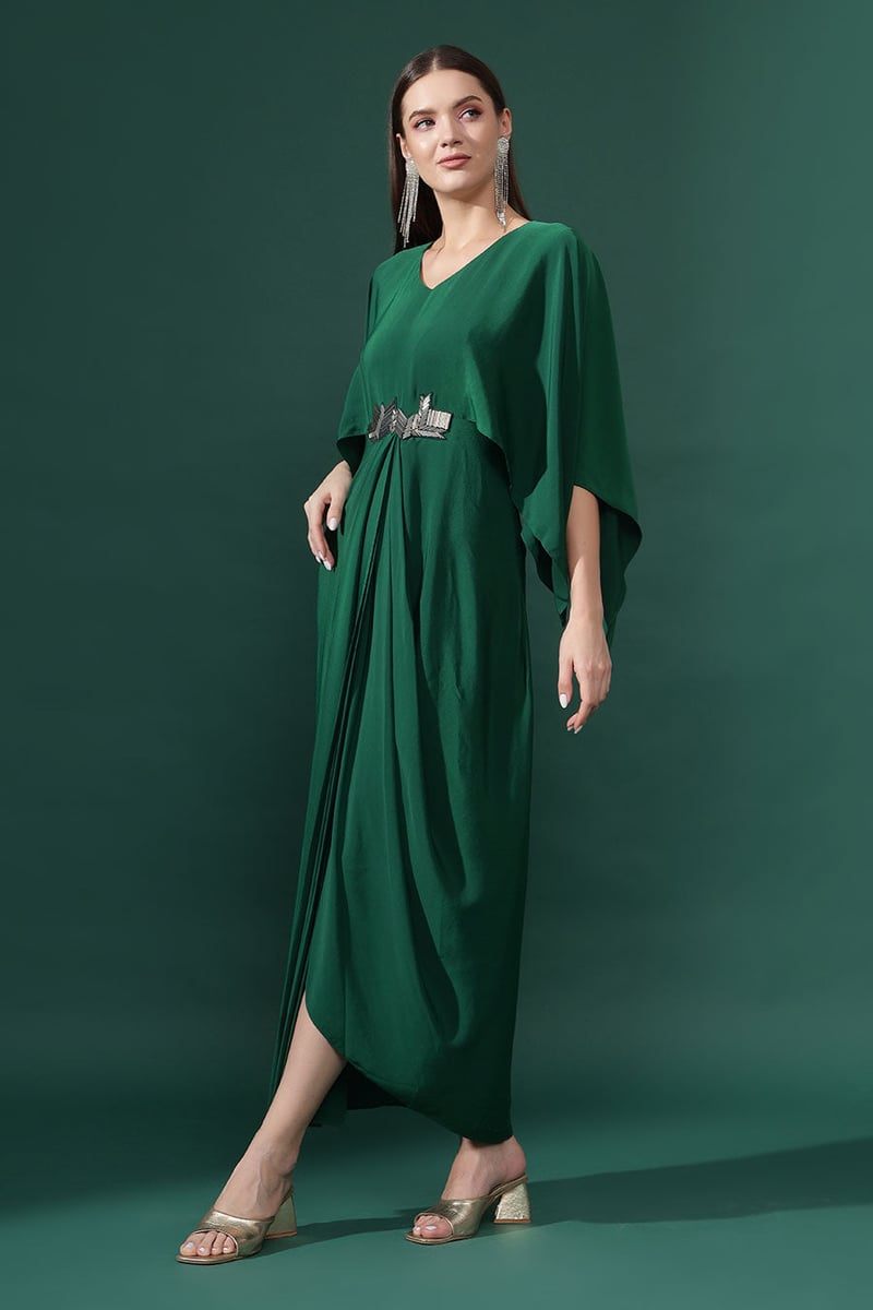 Bottle Green Silk Crepe Draped Maxi Dress with Cape Sleeves