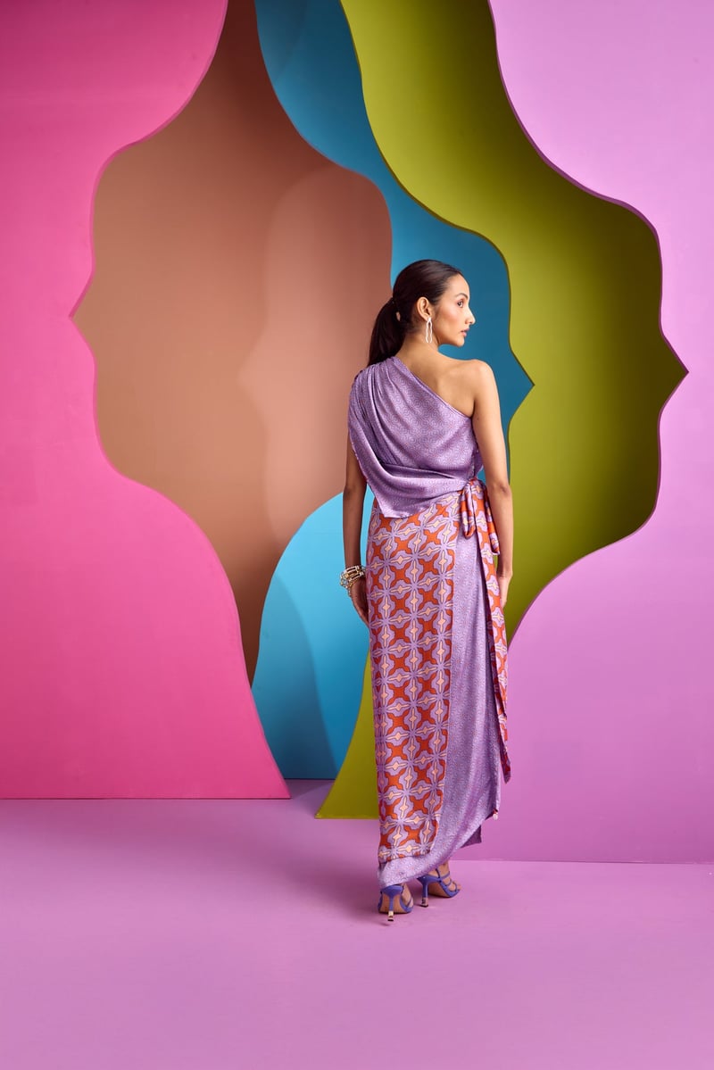 Purple One-Shoulder Printed Kaftan with Side Buttons