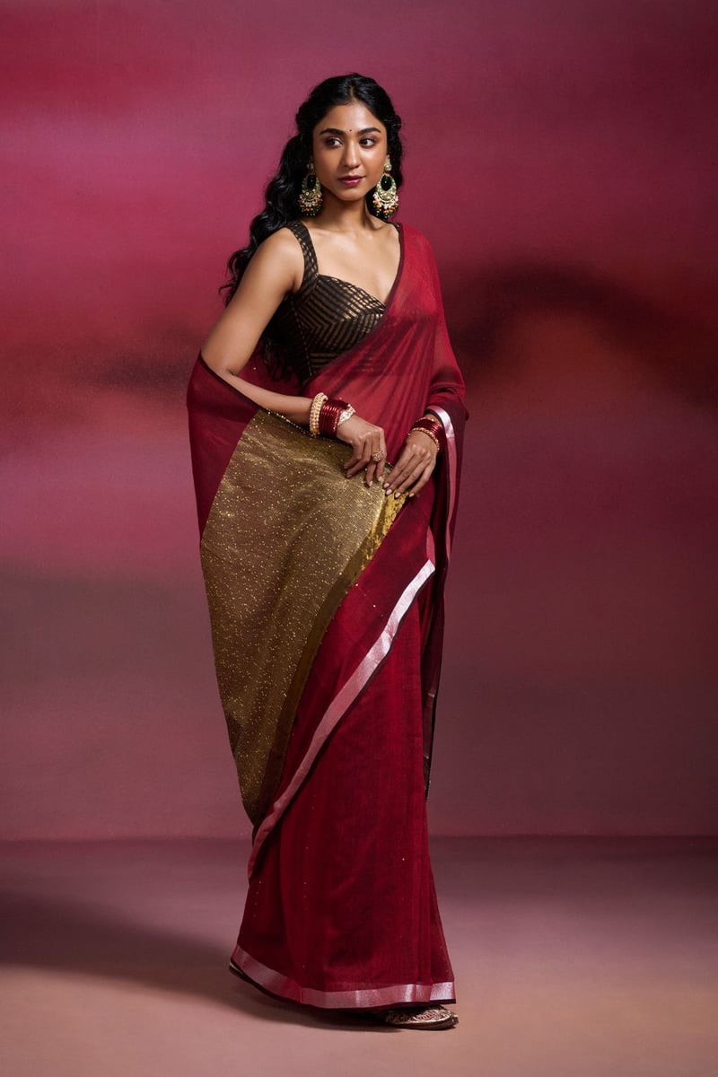 Maroon Cotton Sequin Saree with Zari Border and Gold Pallu