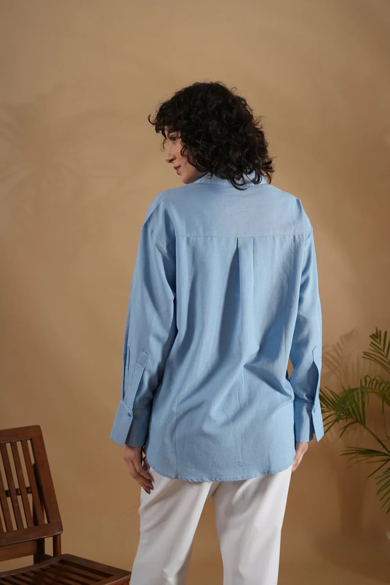 Blue Oversized Embroidered Button-Down Shirt
