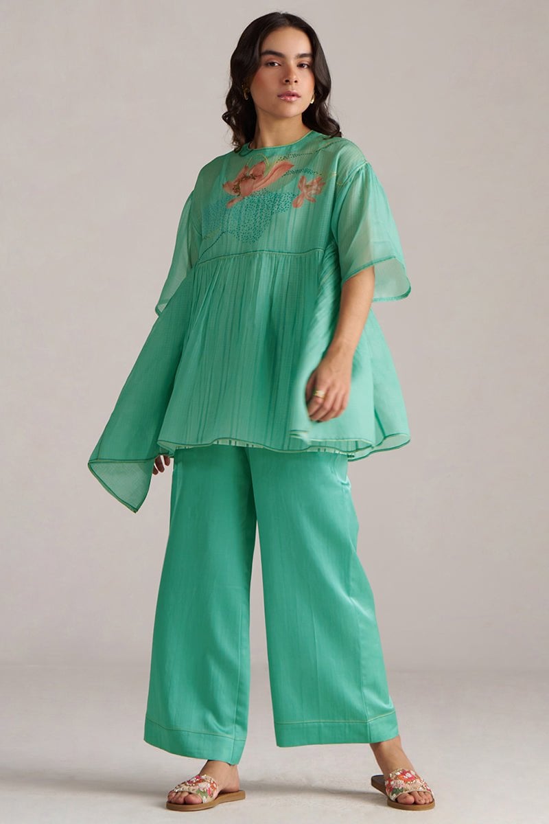Bright Aqua Kota Silk Co-ord Set with Wide-Leg Pants