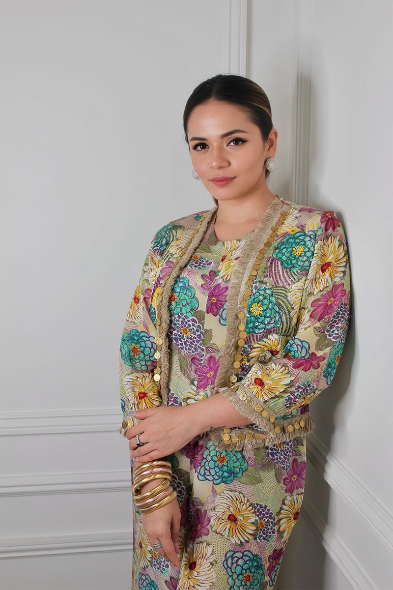 Beige Floral Printed Jumpsuit Set with Cropped Jacket