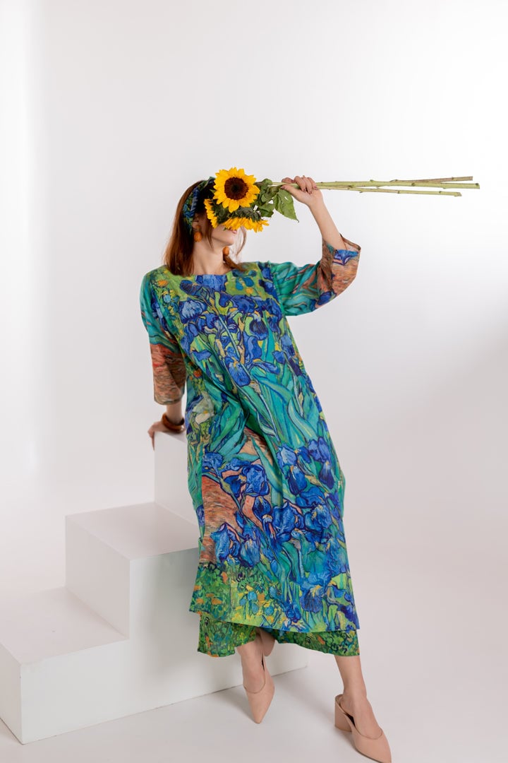 Aqua Blue Floral Printed A-Line Kurta and Pants Set