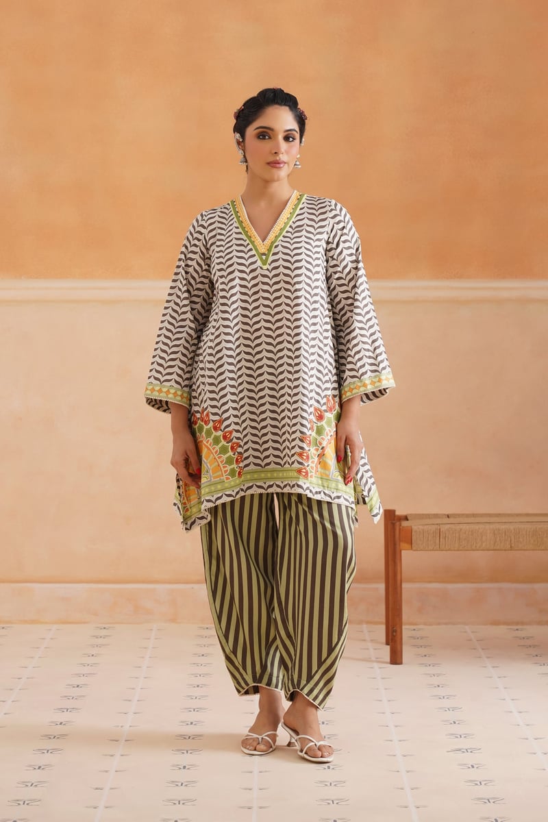 Green Chevron Print Kurta Set with Dupatta