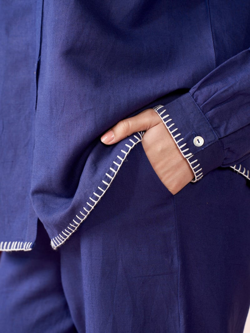 Navy Blue Linen Blend Co-ord Set with Blanket Stitch Trim