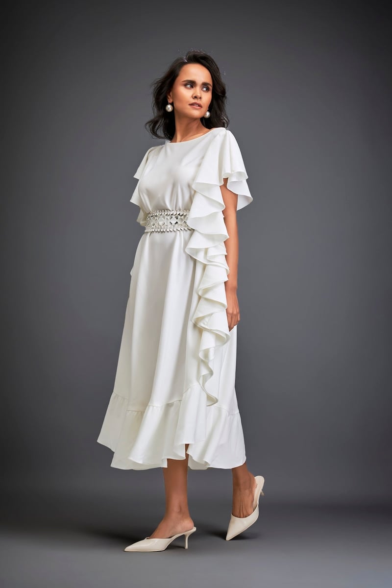 Asymmetrical Off-Shoulder Dress And Metallic Waist Belt