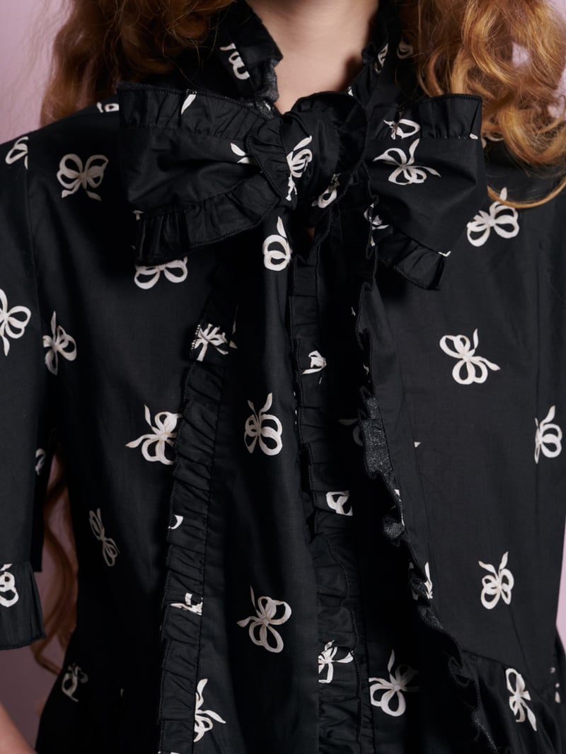 Black Bow Print Oversized Smock Mini Dress