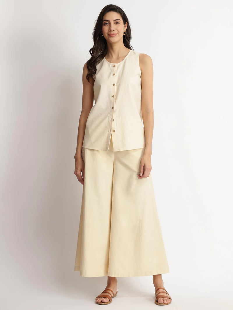 Linen Blend Solid Trousers - Beige