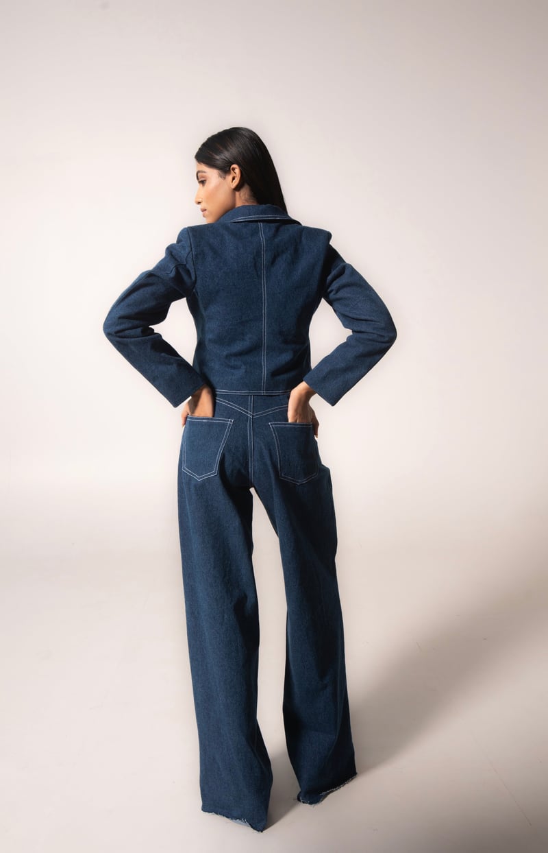 Blue High-Rise Straight-Leg Pleated Denim Trousers