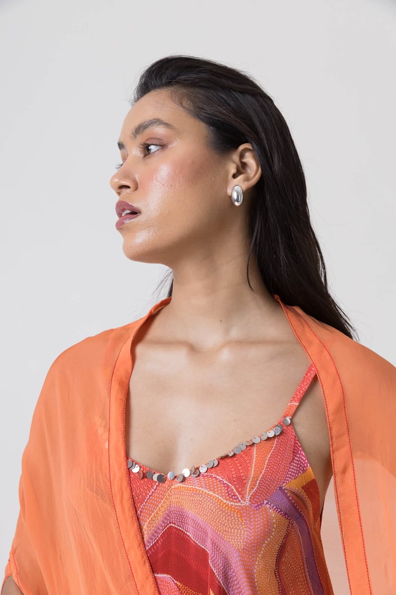 Orange Multicolor Printed Strappy A-Line Midi Dress Set
