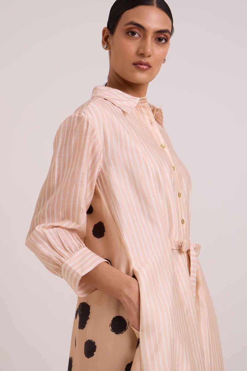 Almond Mixed-Print Midi Shirt Dress with Tie Belt