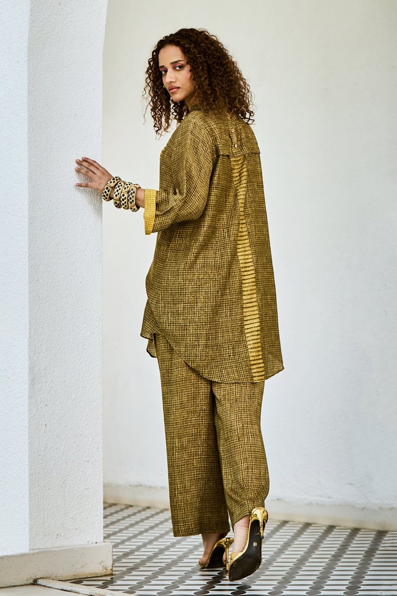 Yellow Linen Colorblocked Tunic and Wide-Leg Co-ord Set