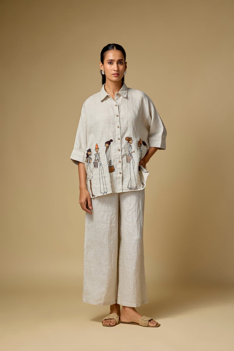 Beige Linen Relaxed-Fit Shirt with Illustrated Hem Detail — Linen Bloom
