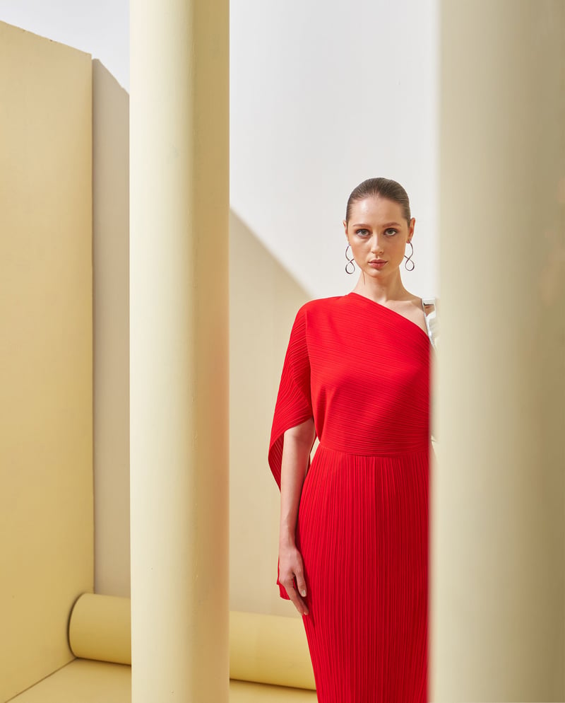 Red One-Shoulder Pleated Midi Dress with Drape Detail