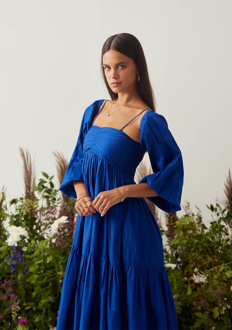 Royal Blue Tiered Midi Dress with Detachable Sleeves