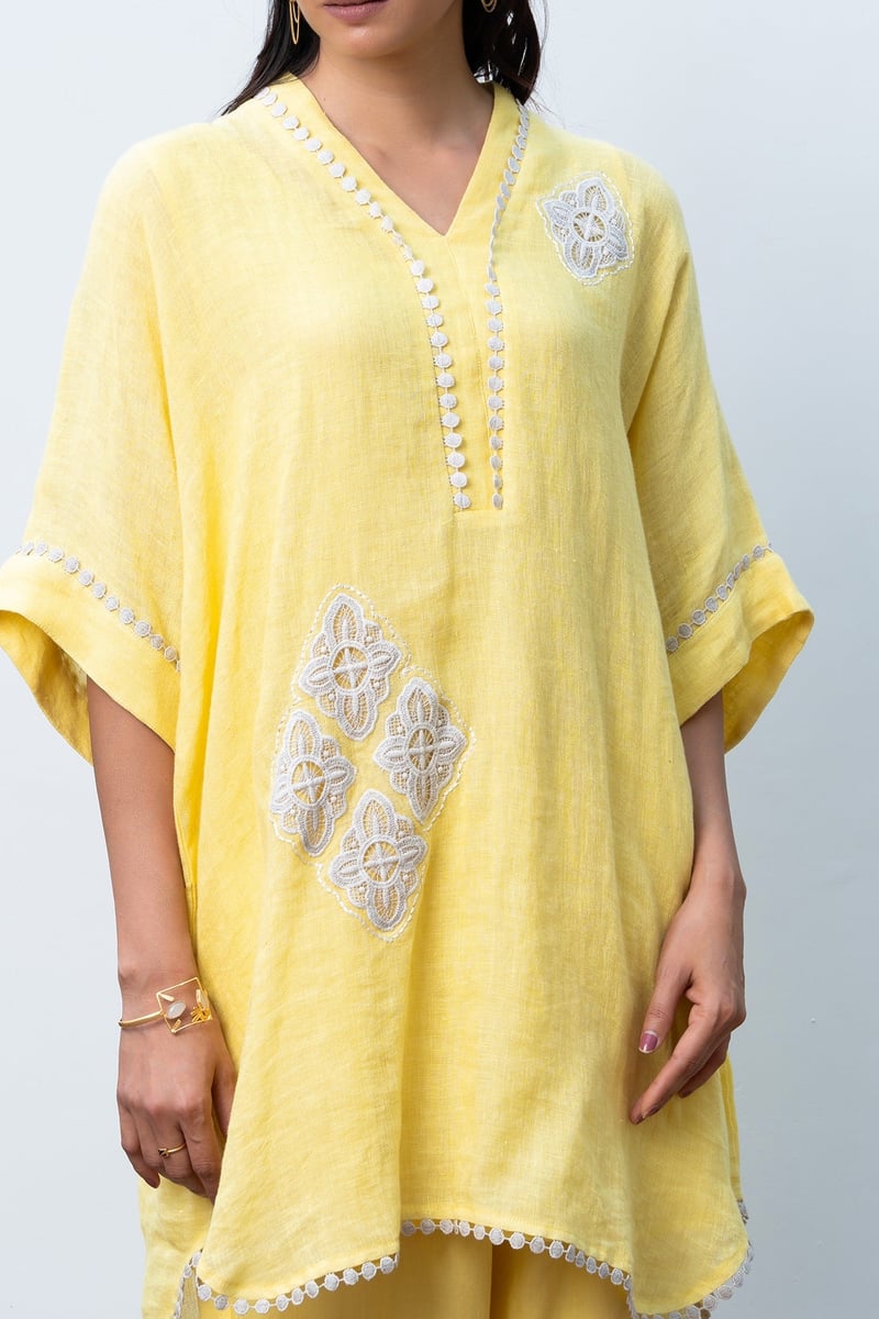 Yellow Linen Kaftan Kurta with Embroidery and Lace Trim