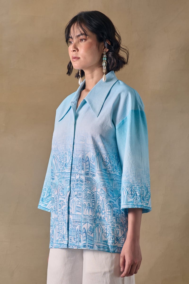 Blue Landscape Printed Relaxed Fit Kimono Shirt