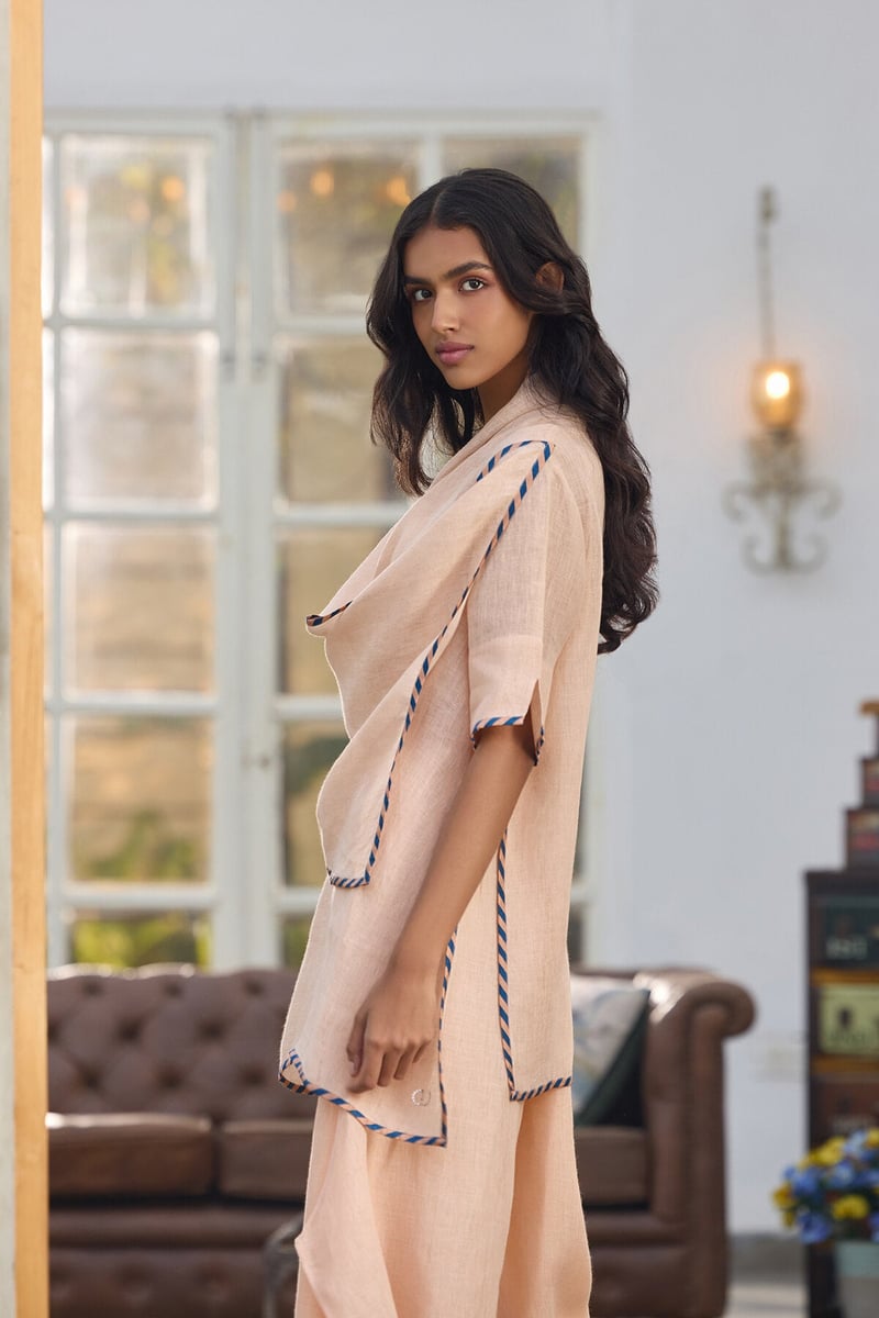 Peach Linen Cape with Contrast Edge Trim