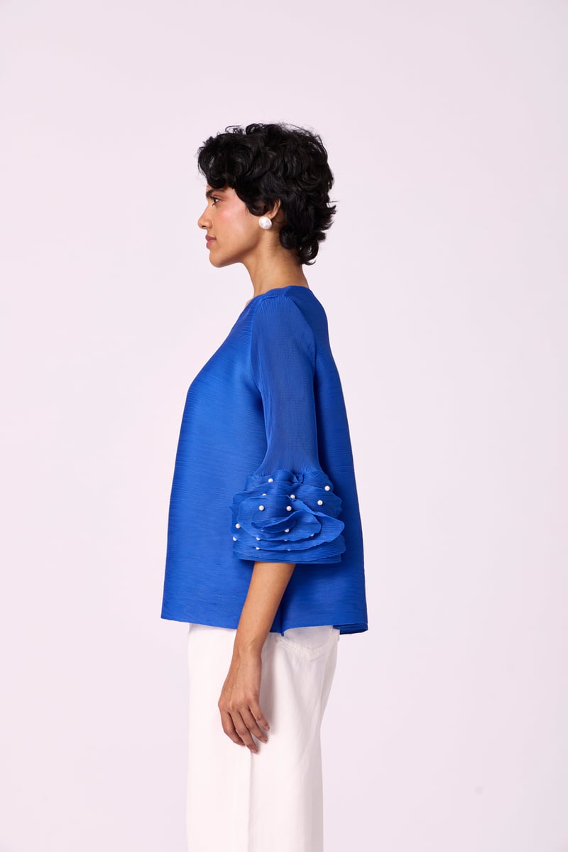 Azure Blue Pleated Top with Pearl Applique Sleeves