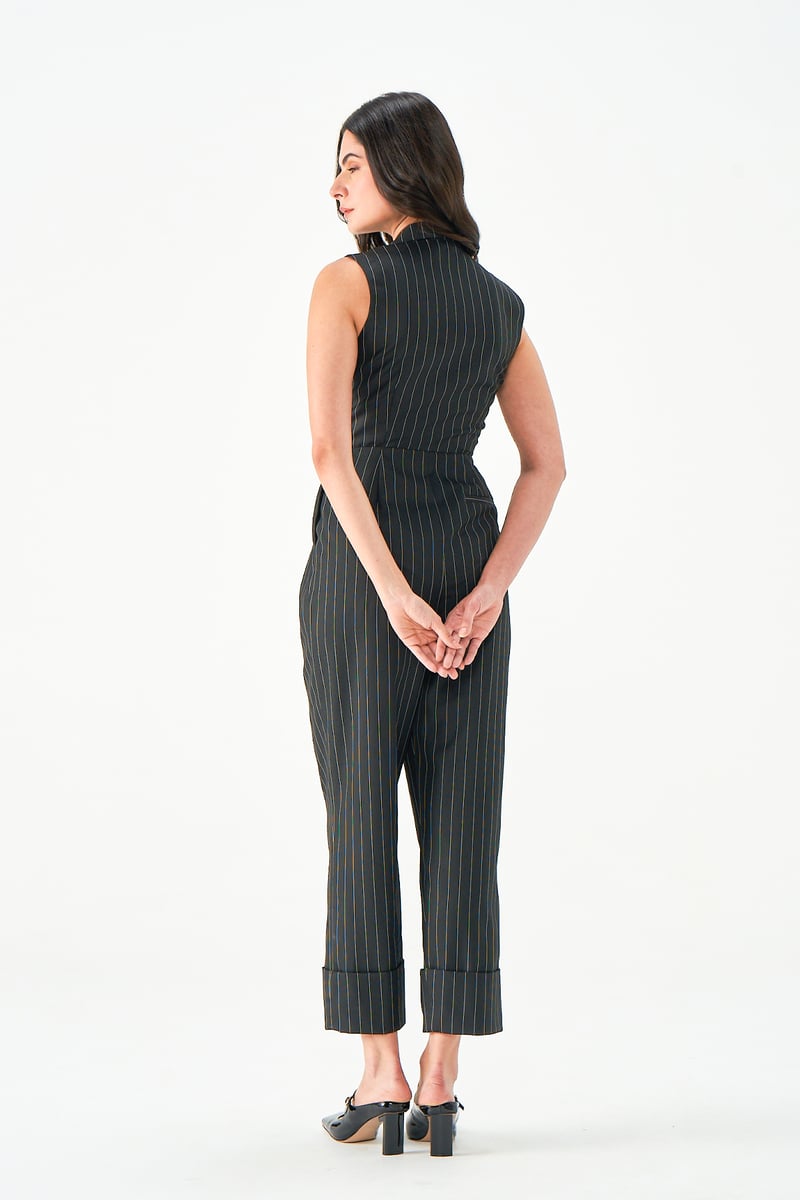 Black and White Pinstripe Sleeveless Tailored Jumpsuit
