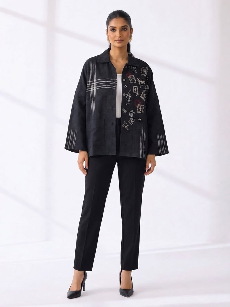 Black Ikat Anti- Fit Hand Embroidered Shirt Jacket — Subtle Shuttle Studio