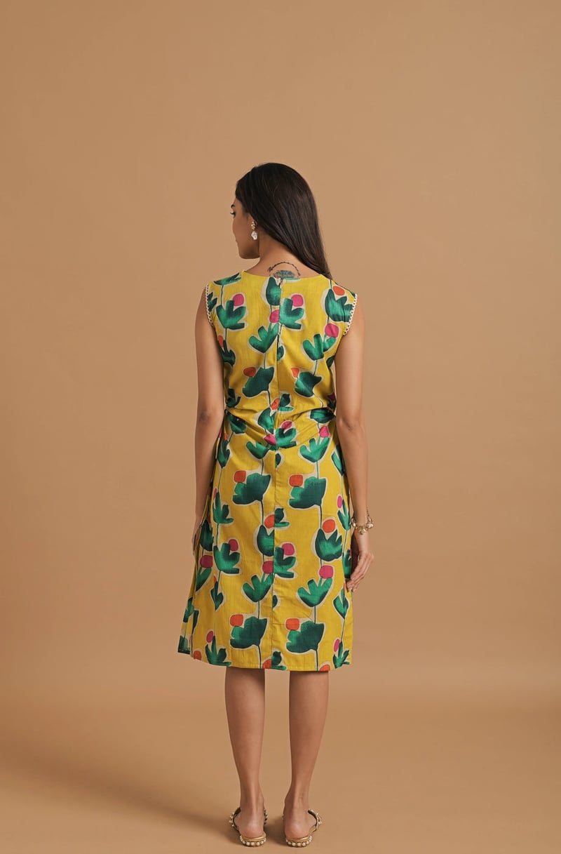 Mustard Yellow Printed Wrap Dress with Side Slit