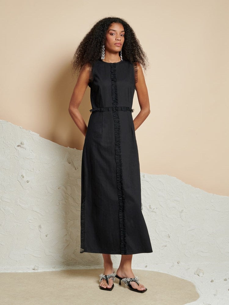 Black Sleeveless Straight Midi Dress with Ruffle Trim