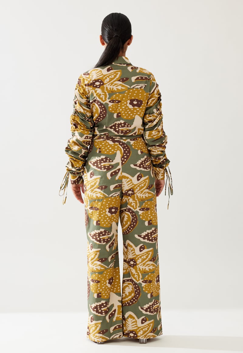 Olive And Mustard Floral Smocking Sleeve Shirt