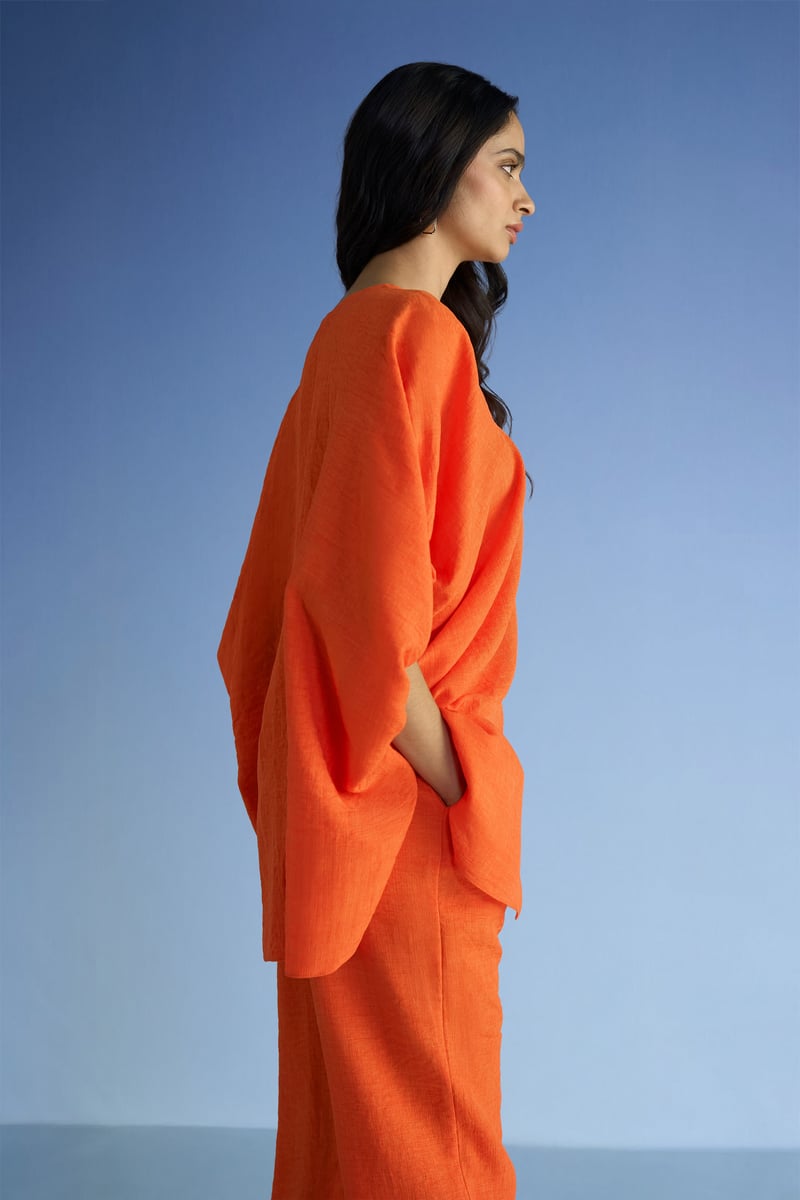 Tangerine Linen-Blend Longline Boxy Kaftan Top