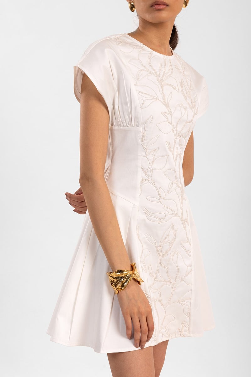 White Embroidered Fit and Flare Mini Dress