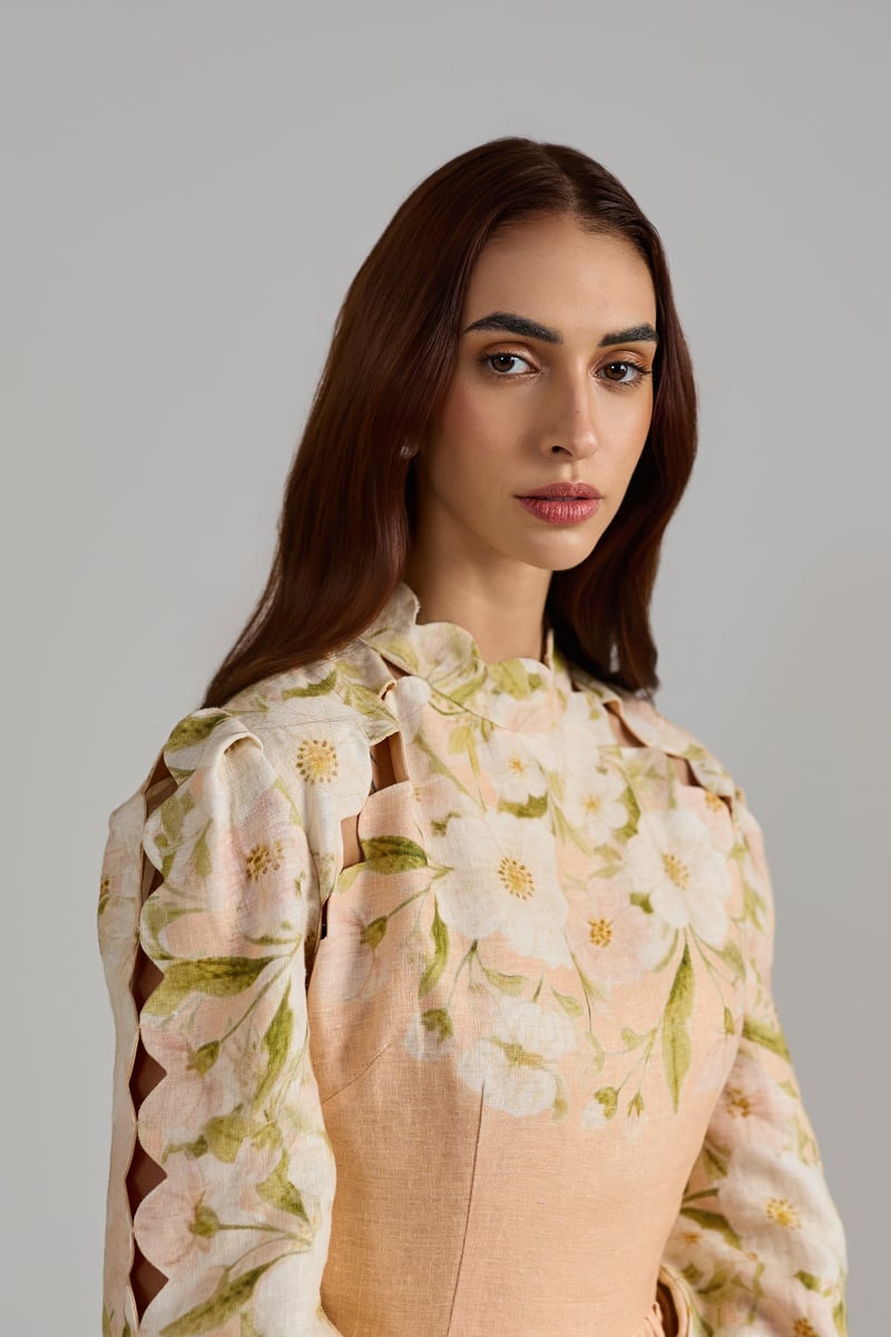 Peach Floral High Neck Fit and Flare Mini Dress