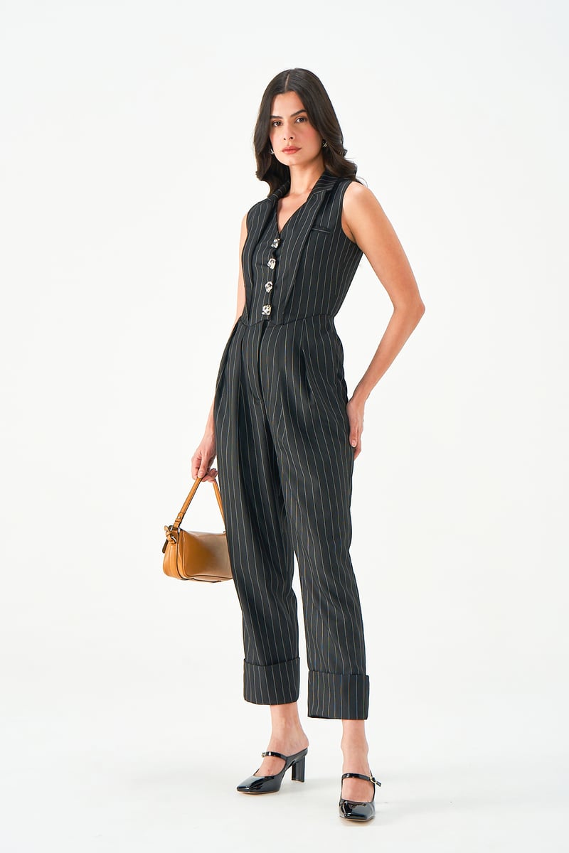 Black and White Pinstripe Sleeveless Tailored Jumpsuit — NOTEBOOK