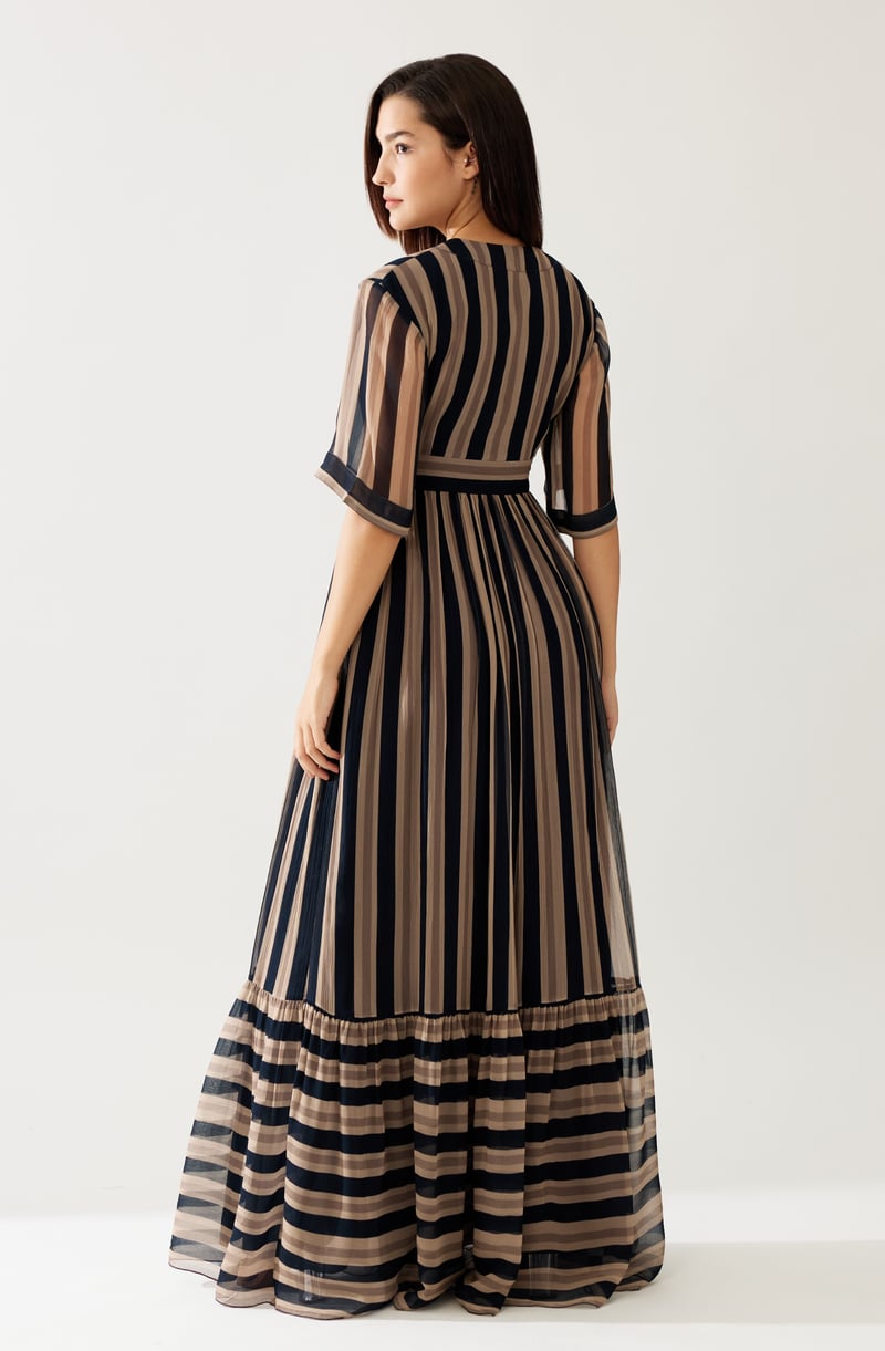 Dark Green And Beige Stripe Long Dress